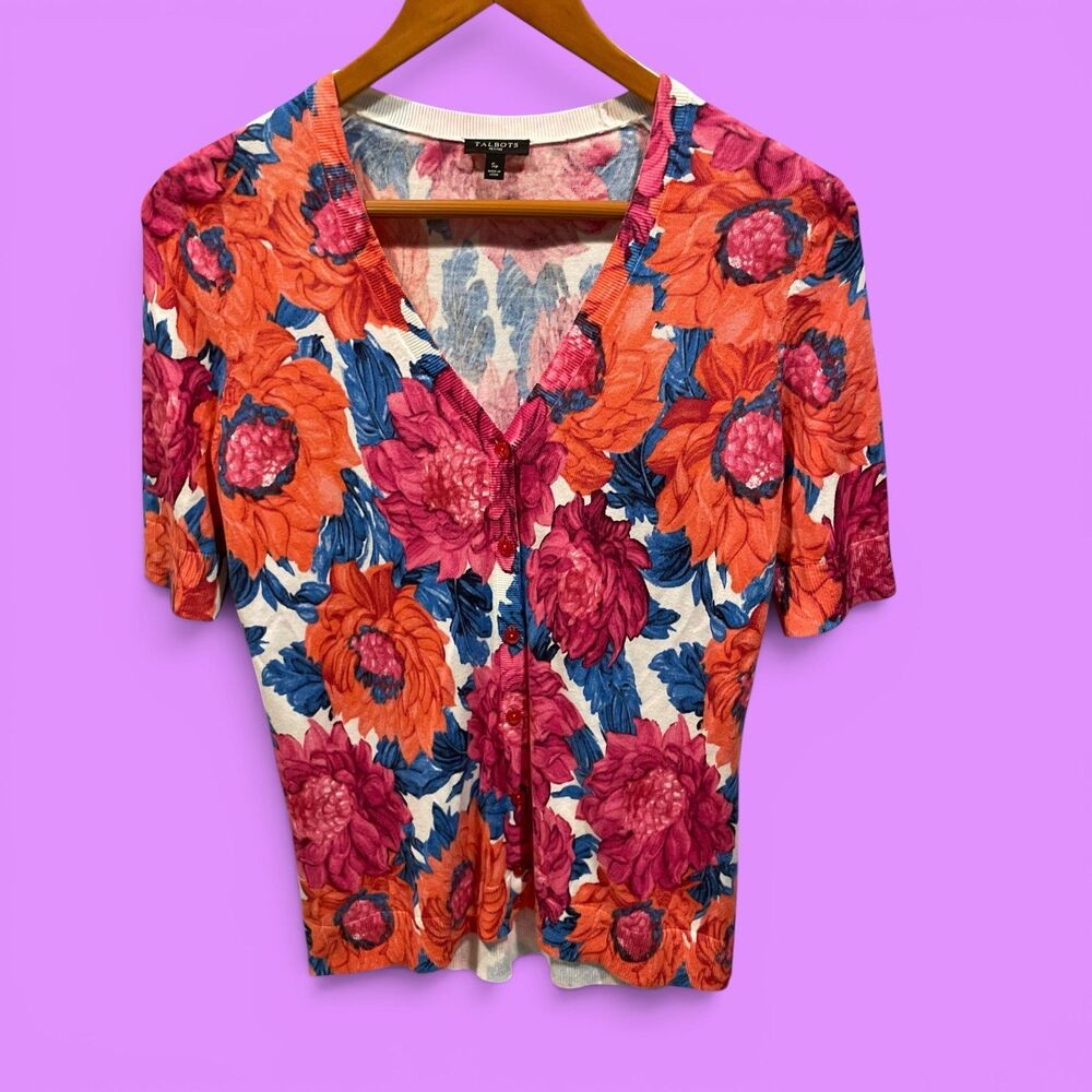 Cute dahlia floral lightweight cardigan short sleeve sweater Talbots